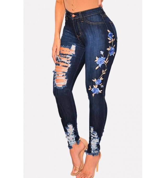 Floral Embroidered Ripped Distressed Casual Jeans