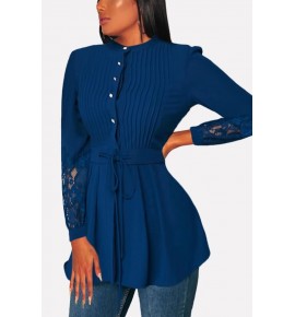 Blue Lace Cuff Button Pleated Casual Blouse