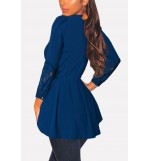 Blue Lace Cuff Button Pleated Casual Blouse