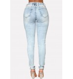 Light-blue Pacth Drawstring Elastic Waist Casual Jeans