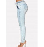 Light-blue Pacth Drawstring Elastic Waist Casual Jeans