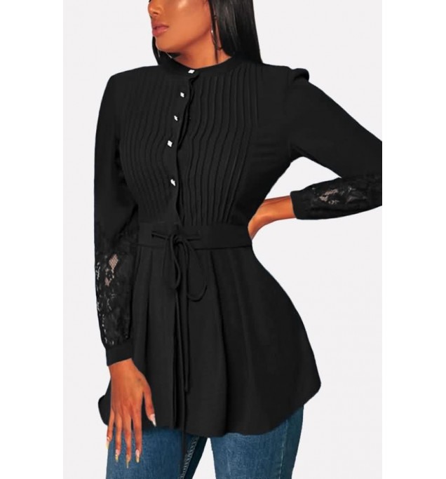 Black Lace Cuff Button Pleated Peplum Casual Blouse