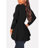 Black Lace Cuff Button Pleated Peplum Casual Blouse