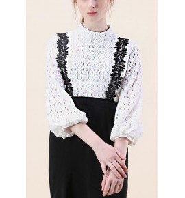 White Lace Crochet Mock Neck Puff Sleeve Casual Blouse