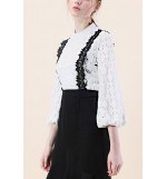 White Lace Crochet Mock Neck Puff Sleeve Casual Blouse