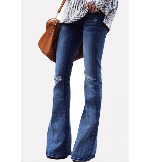 Blue Ripped Wash Denim Casual Flare Jeans