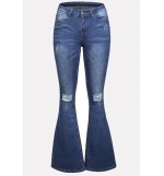 Blue Ripped Wash Denim Casual Flare Jeans