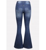 Blue Ripped Wash Denim Casual Flare Jeans