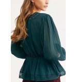 Lace Crochet Tied V Neck Puff Sleeve Casual Blouse