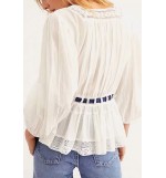 Lace Crochet Tied V Neck Puff Sleeve Casual Blouse