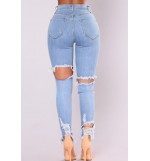 Light-blue Ripped Distressed Raw Hem Casual Jeans