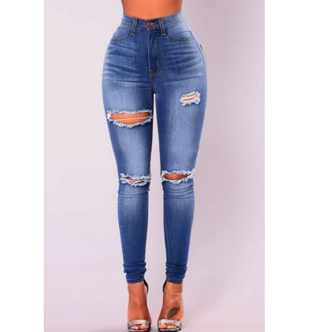 Blue Ripped Distressed Wash Denim Casual Jeans