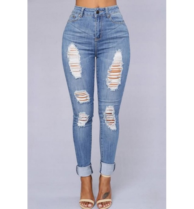 Light-blue Ripped Distressed Casual Jeans