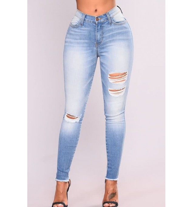 Light-blue Shredded Distressed Wash Denim Casual Jeans