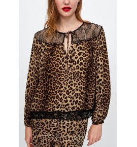 Leopard Lace Splicing Tied Casual Blouse