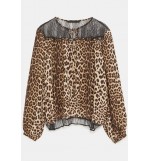 Leopard Lace Splicing Tied Casual Blouse