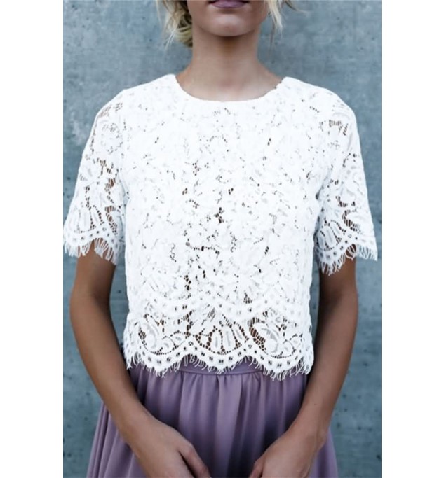 White Lace Crochet Round Neck Short Sleeve Sexy Blouse