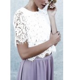 White Lace Crochet Round Neck Short Sleeve Sexy Blouse