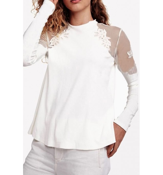 White Floral Lace Mesh Splicing Casual Blouse