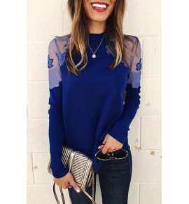 Blue Floral Lace Mesh Splicing Casual Blouse