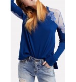 Blue Floral Lace Mesh Splicing Casual Blouse