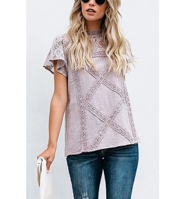 Light-purple Lace Crochet Short Sleeve Mock Neck Casual Blouse