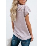 Light-purple Lace Crochet Short Sleeve Mock Neck Casual Blouse