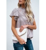 Light-purple Lace Crochet Short Sleeve Mock Neck Casual Blouse