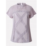 Light-purple Lace Crochet Short Sleeve Mock Neck Casual Blouse