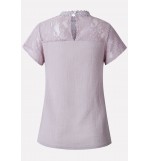 Light-purple Lace Crochet Short Sleeve Mock Neck Casual Blouse