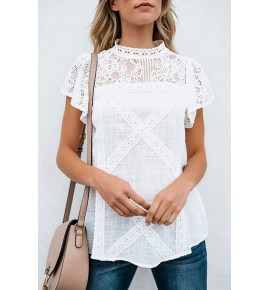 White Lace Crochet Short Sleeve Mock Neck Casual Blouse