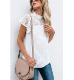 White Lace Crochet Short Sleeve Mock Neck Casual Blouse