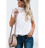 White Lace Crochet Short Sleeve Mock Neck Casual Blouse