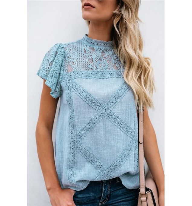 Blue Lace Crochet Short Sleeve Mock Neck Casual Blouse