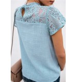 Blue Lace Crochet Short Sleeve Mock Neck Casual Blouse