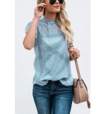 Blue Lace Crochet Short Sleeve Mock Neck Casual Blouse