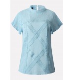 Blue Lace Crochet Short Sleeve Mock Neck Casual Blouse