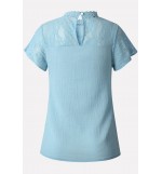 Blue Lace Crochet Short Sleeve Mock Neck Casual Blouse