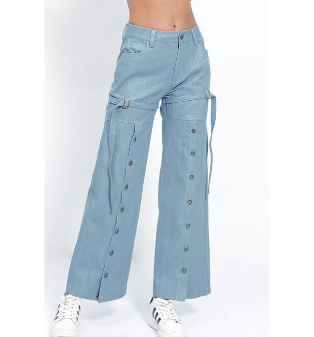 Light-blue Button Pocket Tied Casual Wide Leg Jeans