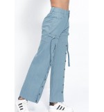 Light-blue Button Pocket Tied Casual Wide Leg Jeans