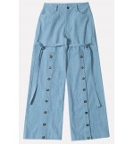 Light-blue Button Pocket Tied Casual Wide Leg Jeans