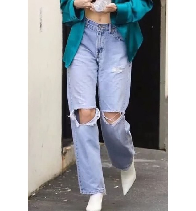 Light-blue Ripped Distressed Pocket Casual Wide Leg Jeans