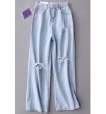 Light-blue Ripped Distressed Pocket Casual Wide Leg Jeans