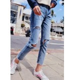 Light-blue Ripped Distressed Raw Hem Wash Denim Casual Jeans