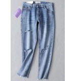 Light-blue Ripped Distressed Raw Hem Wash Denim Casual Jeans