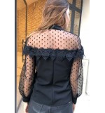 Black Polka Dot Lace Crochet Mesh Splicing Sexy Blouse