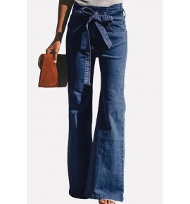 Blue Pocket Tied Casual Flare Jeans