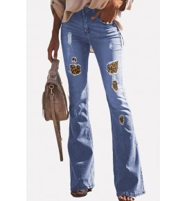 Light-blue Leopard Patch Shredded Casual Flare Jeans