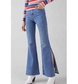 Blue Slit Hem Casual Flare Jeans