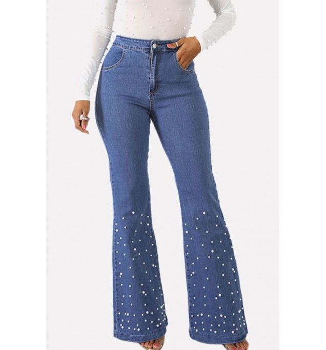 Blue Imitation Pearl Casual Flare Jeans